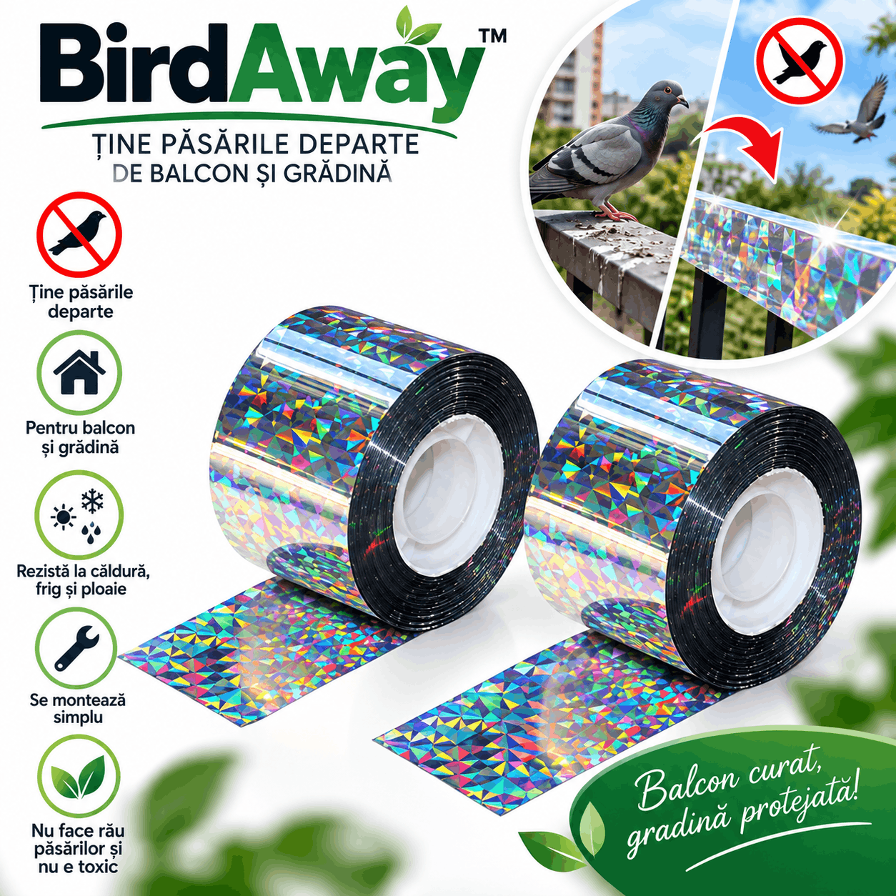BirdAway™ – Bandă Reflectorizantă Anti-Păsări 1+1 Gratis